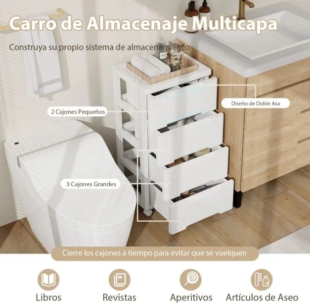 Armário de armazenamento 40 x 32 x 79 cm com 4 gavetas Rodas universais e traváveis Recipiente de armazenamento de plástico branco