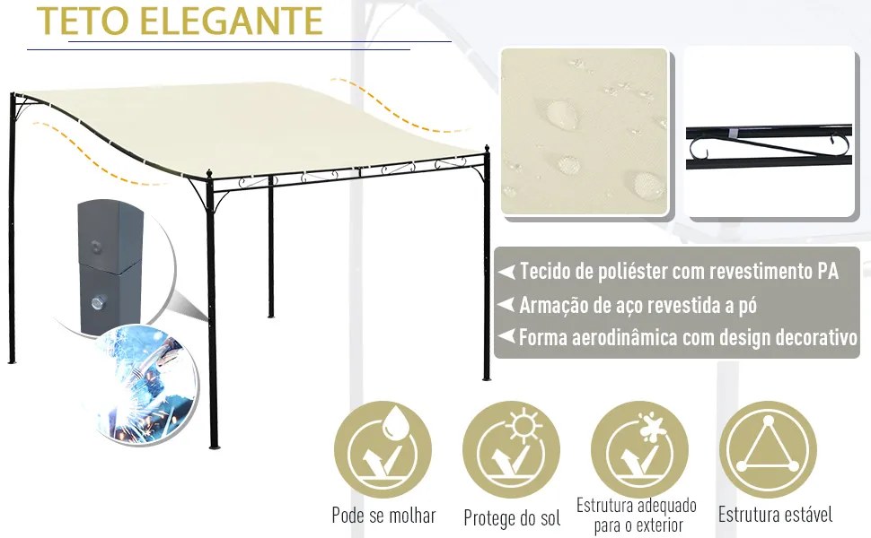Toldo de Parede Curvo para Jardim, Pátio ou Varanda Pavilhão Tenda – Cor Creme - Aço e Poliéster – 3 x 3 x 2,5 cm