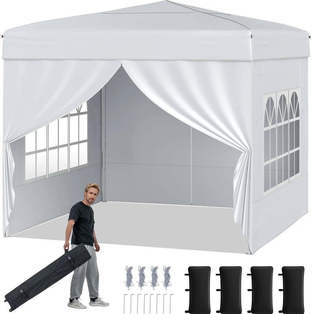 Tenda Pop up Dobrável 290 x 290 cm 4 x Sacos de areia e com 4 paredes laterais amovíveis e altura ajustável, feiras, eventos Branca