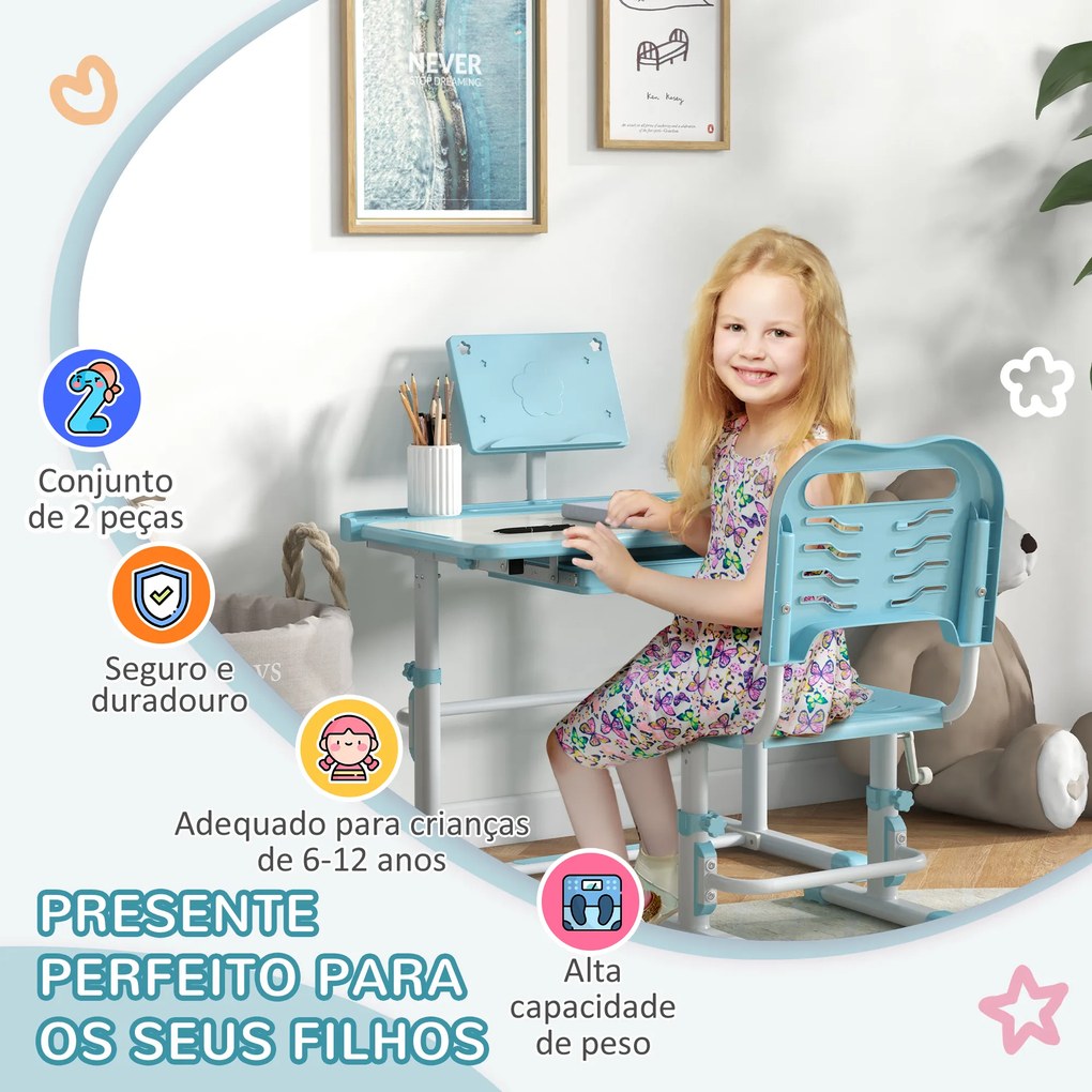 Conjunto de Secretária e Cadeira para Crianças com Altura Ajustável e Ângulo da Mesa Ajustável 80x49,5x82-104 cm Azul