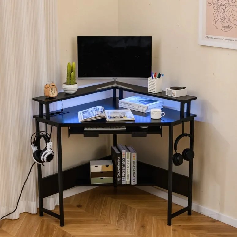 Mesa de canto com estação de carregamento, LED, bandeja para teclado e suporte para monitor, mesa de jogos branca
