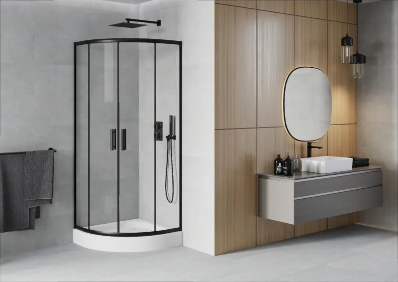 Mexen Rio cabine de duche semicircular 70 x 70 cm, transparente, preta + base de duche, branco - 863-070-070-70-00-4710