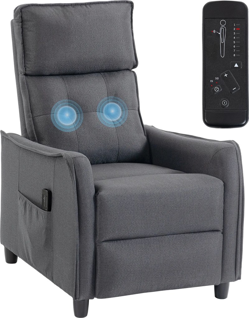 Poltrona Relax com Massagem Vibratória, Aparência de Linho, reclinável com Almofada de Molas, Apoio para Pés, Cinza