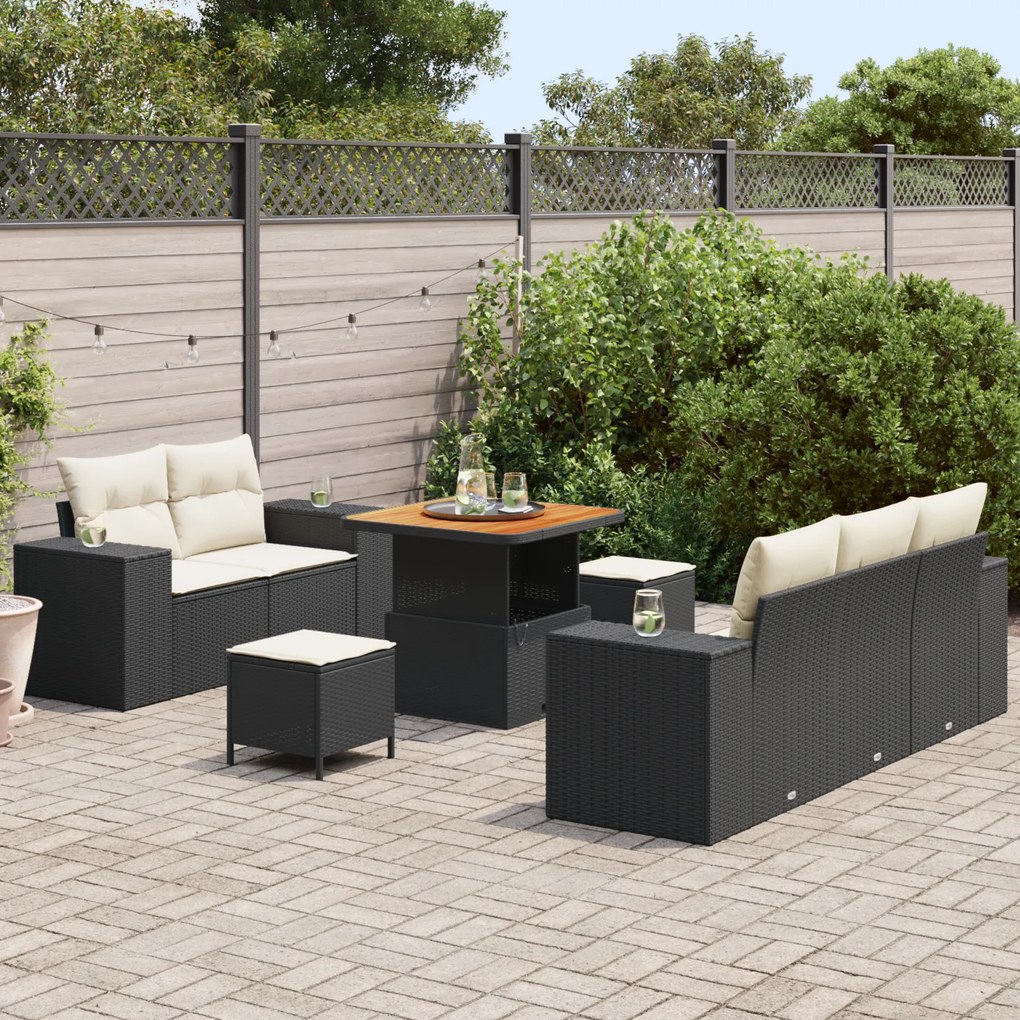 Conjunto de Sofá Jardim de 8 Peças com Almofadas Rattan Preto e Acácia
