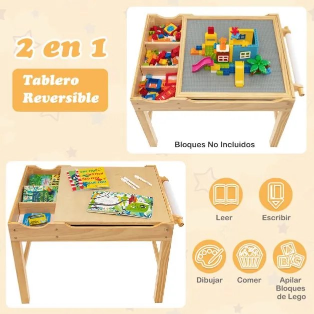 Mesa de actividades para crianças em madeira com encosto reversível, compartimentos e suporte para rolos de papel 86,5 x 60 x 57 cm-Natural