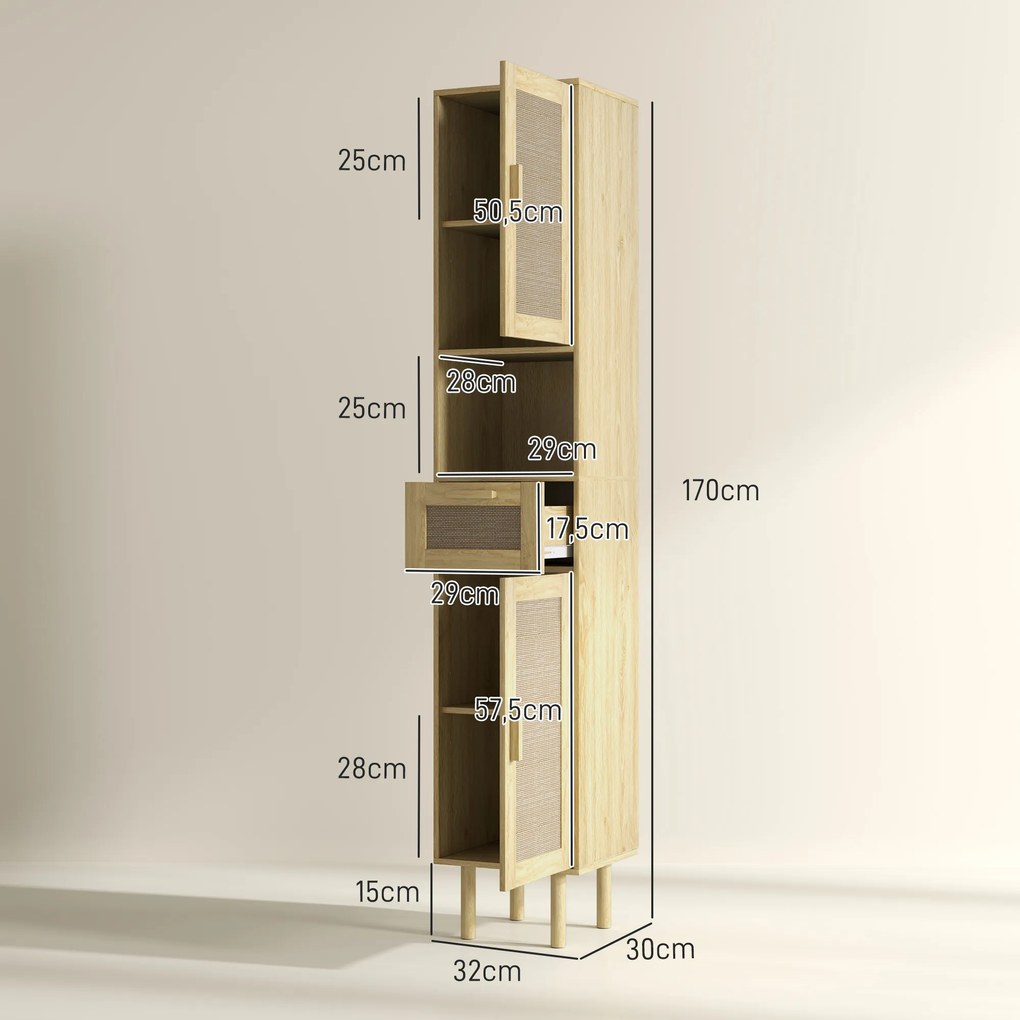 Móvel de casa de banho 32 x 30 x 170 cm com coluna de arrumação, portas em rattan, gaveta e 2 armários, cor em carvalho