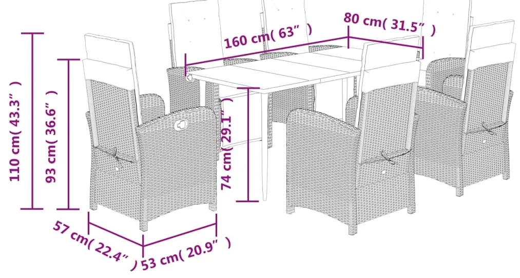 7 pcs conjunto jantar p/ jardim c/ almofadões vime PE castanho