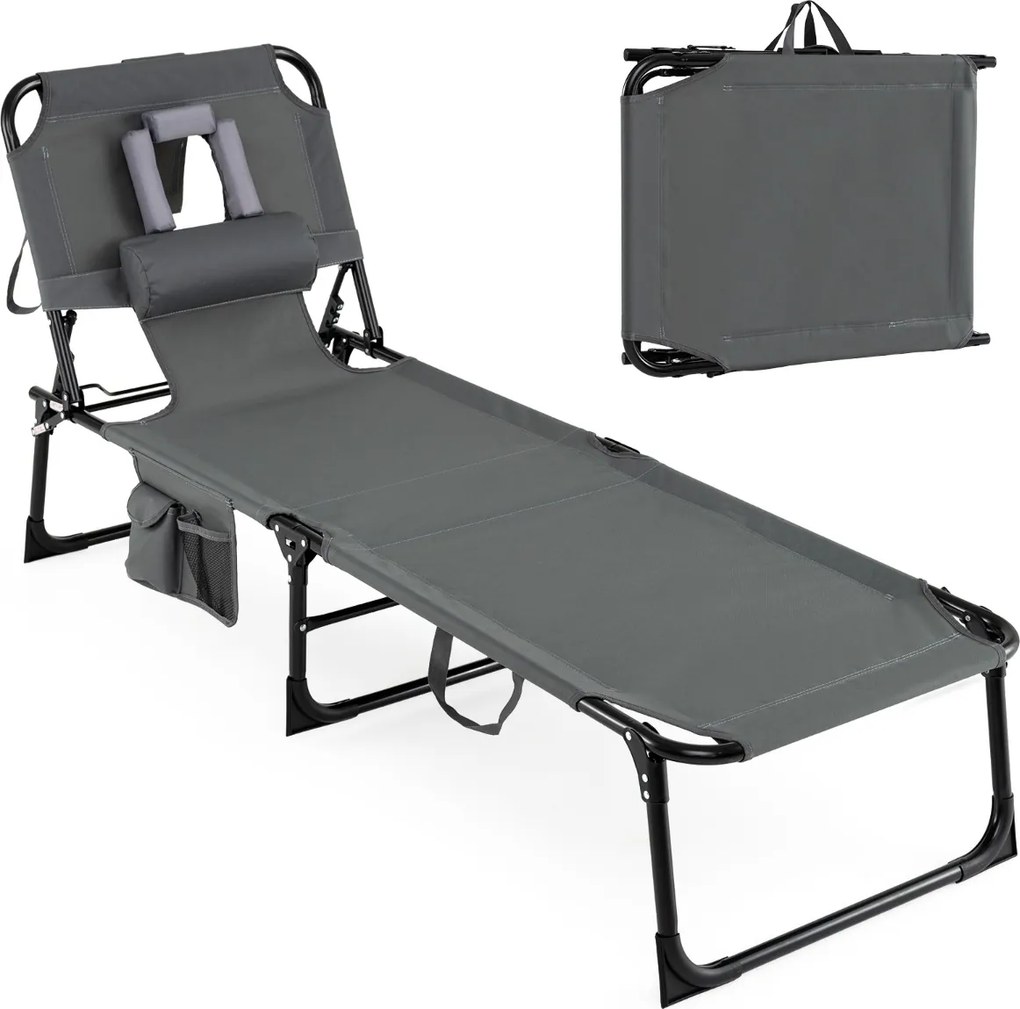 Espreguiçadeira dobrável para exterior, reclinável, com orifícios, apoio para o rosto, braços e encosto ajustável, bolsos, portátil, para praia e pisc