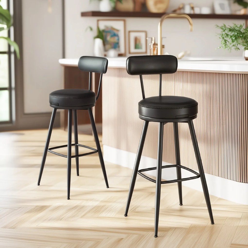 Conjunto de 2 bancos altos giratórios com encosto, couro sintético 56 x 56 x 101,5 cm preto