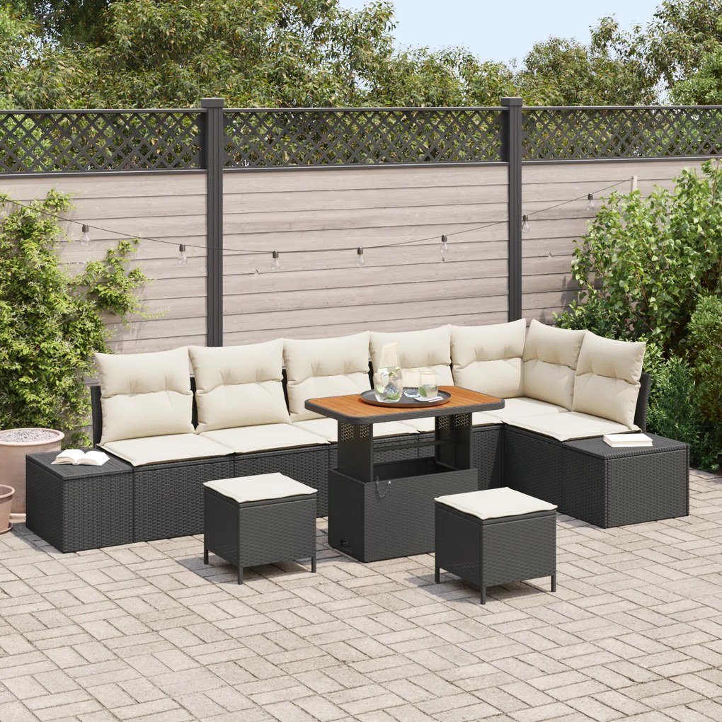 Conjunto de Sofá de Jardim de 9 Peças com Almofadas em Rattan Preto e Acácia