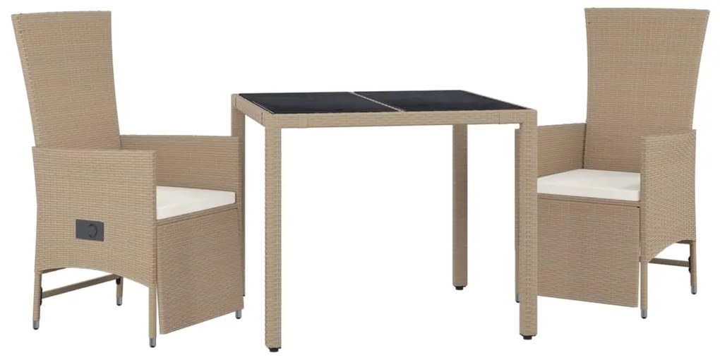 3 pcs conjunto de jantar p/ jardim com almofadões vime PE bege