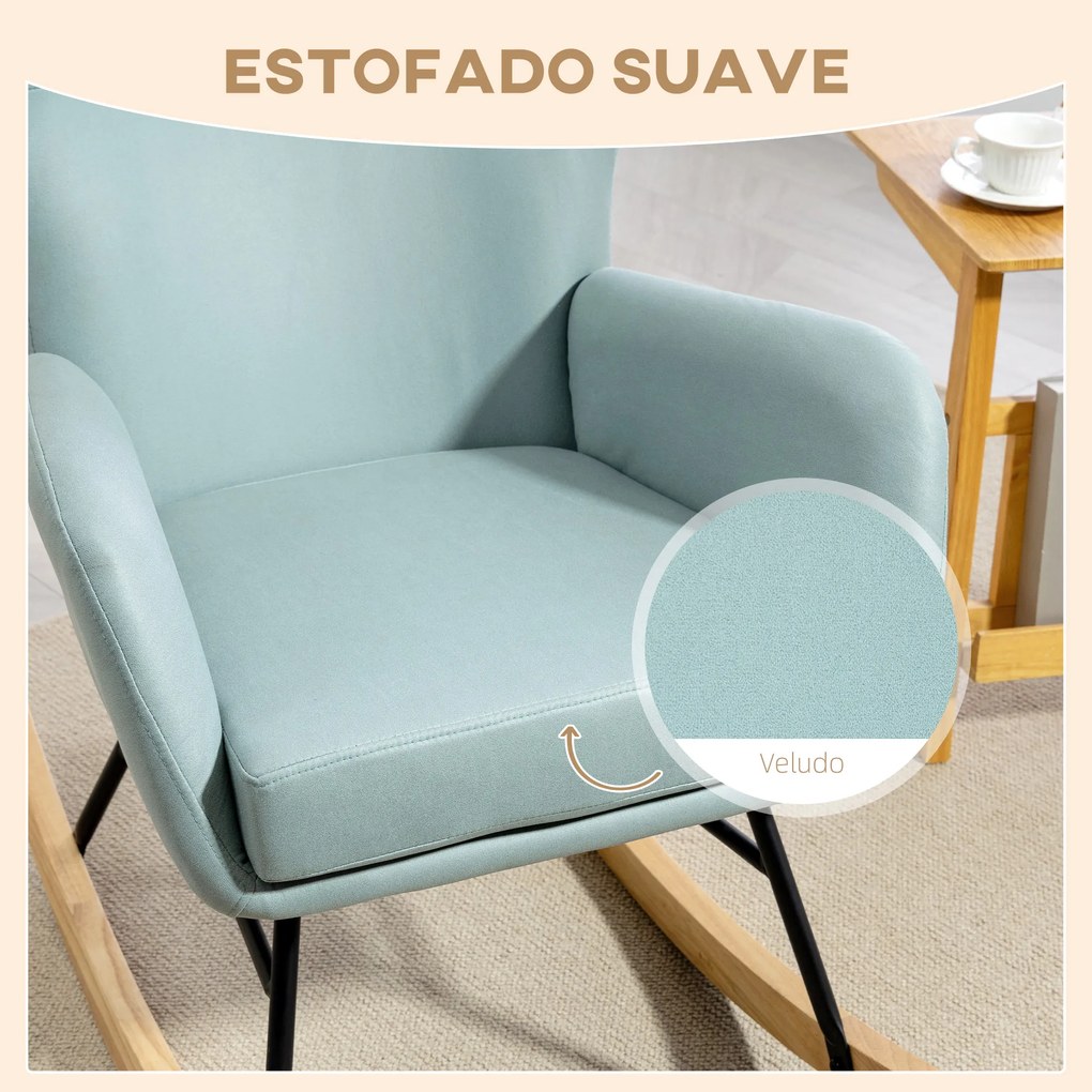 Poltrona Baloiço Estofada em Veludo com Assento Acolchoado Apoio para os Braços e Pés de Madeira de Faia 65x87x102 cm Verde Claro