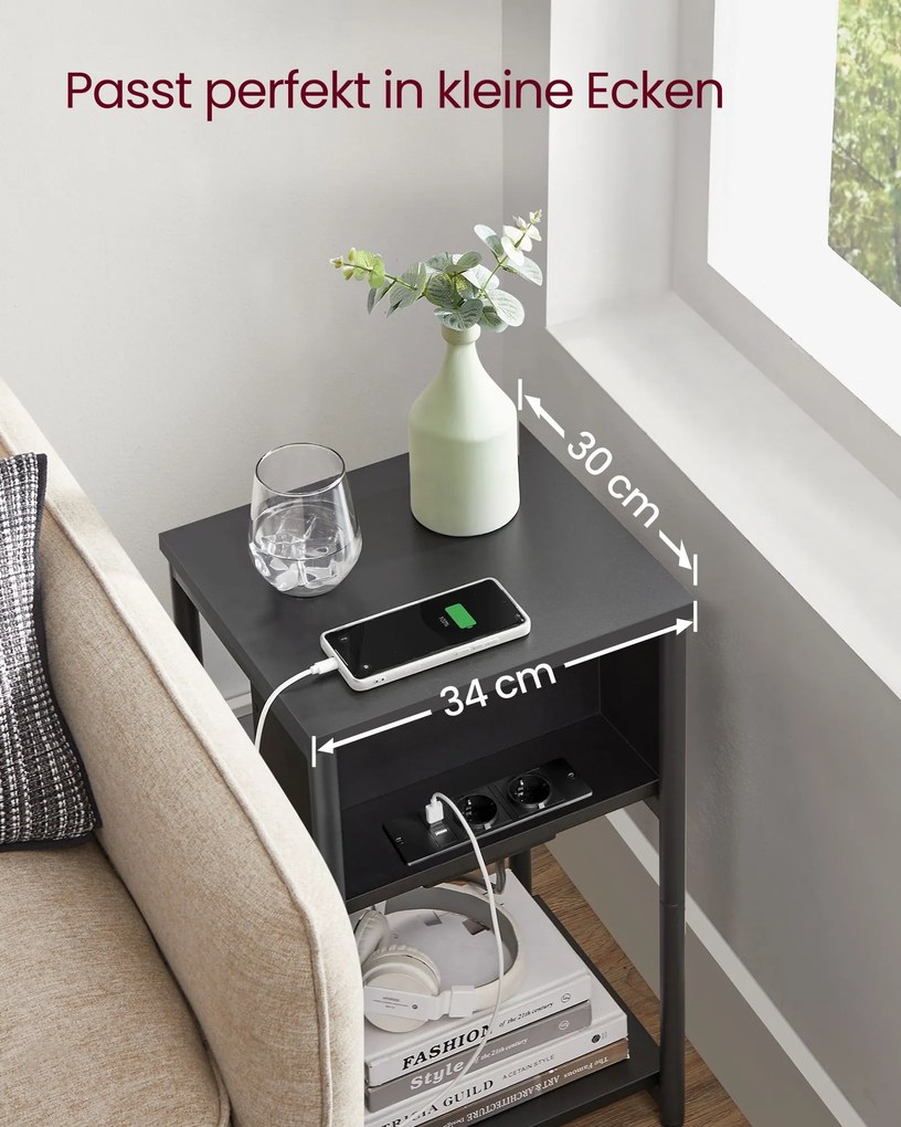 Mesa de apoio com uma tomada eléctrica e 2 portas USB 30 x 34 x 58 cm preta