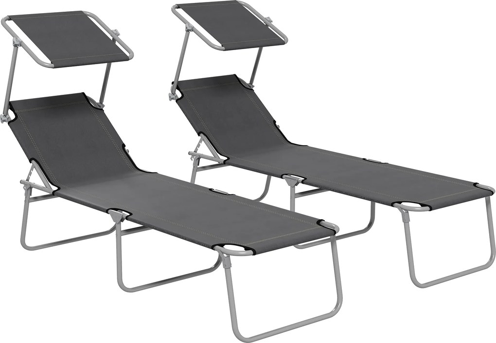 Outsunny Conjunto 2 Espreguiçadeiras de Jardim Dobráveis com Toldo Regulável, em Tecido Oxford e Metal, 187x58x36 cm, Cinza | Aosom Portugal