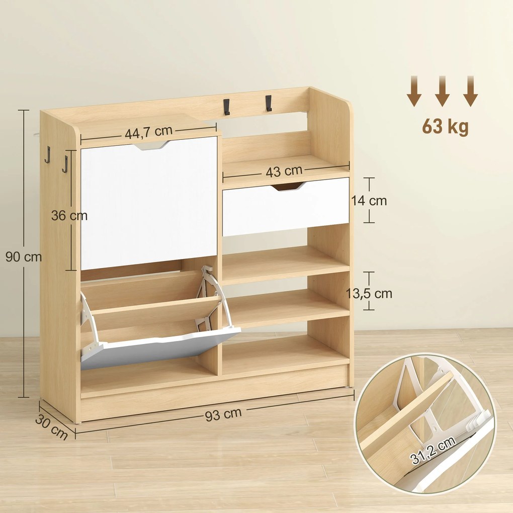 Sapateira Estreita com Prateleiras Ajustáveis Gaveta e 4 Ganchos para 14 Pares de Sapatos 93x30x90 cm Madeira e Branco