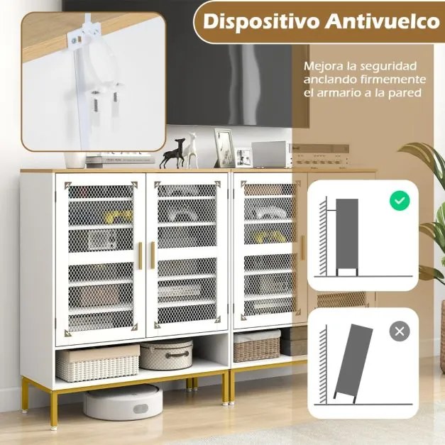 Sapateira de 7 níveis 80 x 37 x 106 cm com portas de malha Organizador moderno para sapatos em madeira com prateleiras ajustáveis Branco