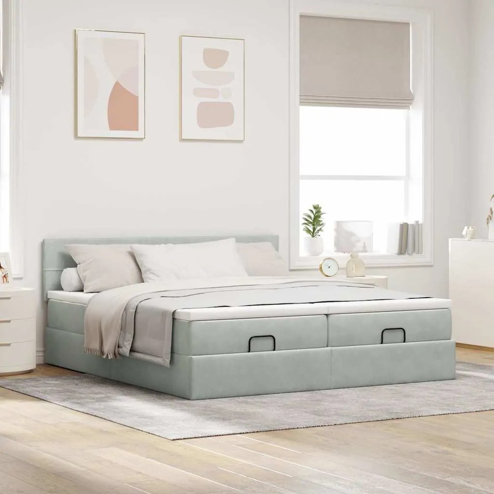 Estrutura cama otomana colchões 180x200cm veludo cinzento claro