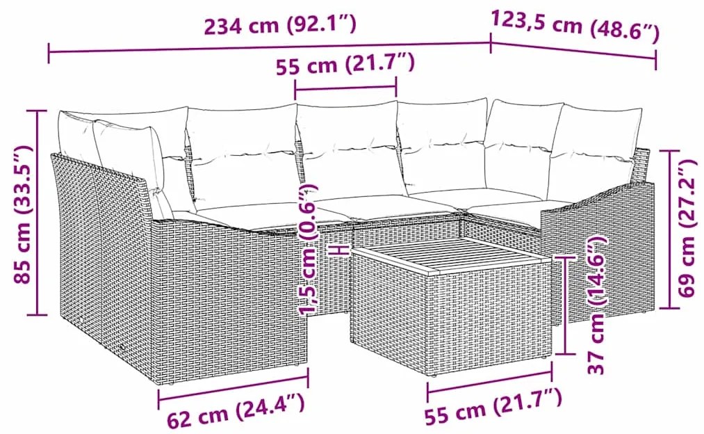 Sofá de Jardim com 7 Peças e Almofadas Cinza em Rattan Poliéster Acáci
