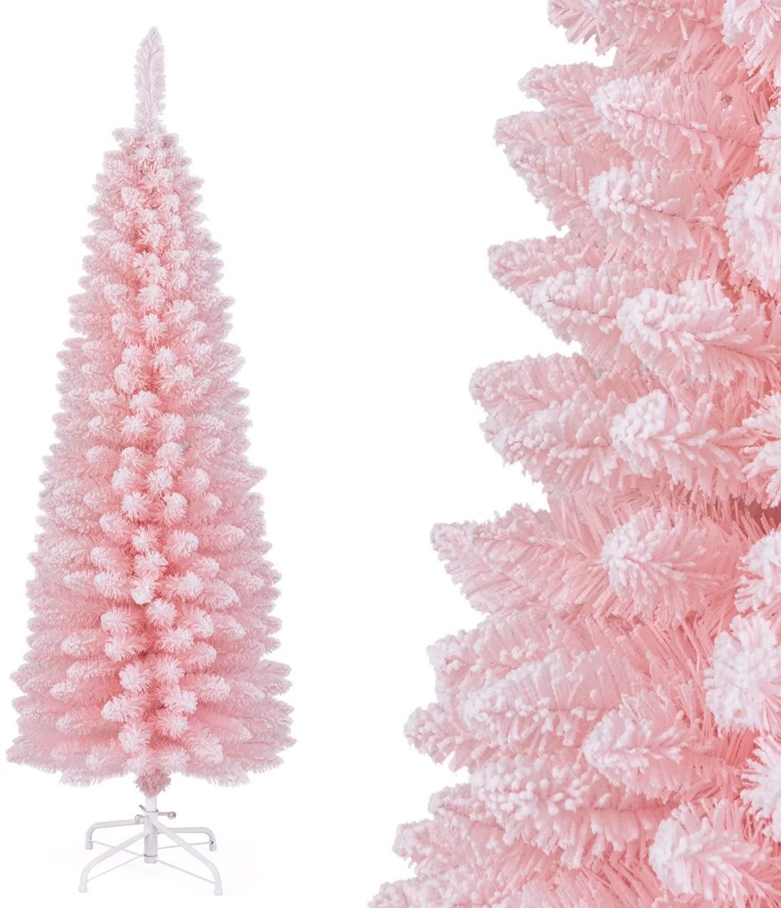 Árvore de Natal artificial com neve de 150 cm com 328 pontas de ramos Base metálica dobrável Forma fina Decoração para casa escritório Rosa