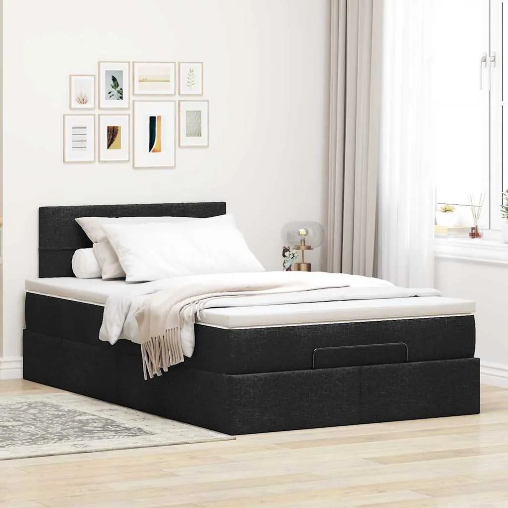 Cama otomana com colchão & LEDs 120x190 cm tecido preto
