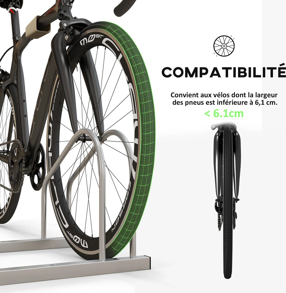 Suporte para 2 bicicletas, suporte de armazenamento para bicicletas com pneus de 61 mm, dimensões: 50 x 34 x 27,5 cm, em aço prateado