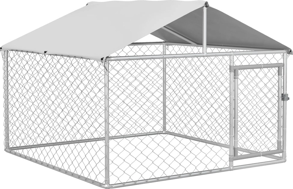 PawHut Canil de Exterior para Cães Médios 200x200x150 cm Gaiola para Cães com Fechadura Toldo Impermeável e Anti-UV Prata | Aosom Portugal