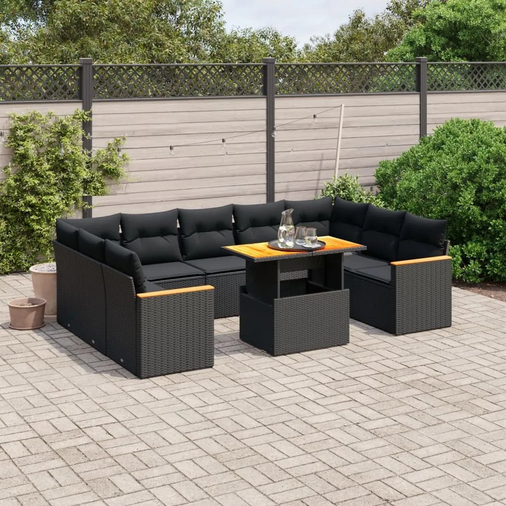 11 pcs conjunto sofás de jardim c/ almofadões vime PE preto
