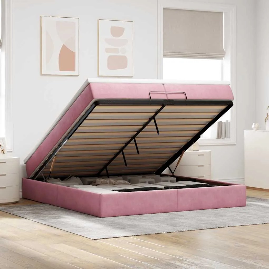 moldura de cama otomana vidaXL com colchão rosa 200x200cm Veludo