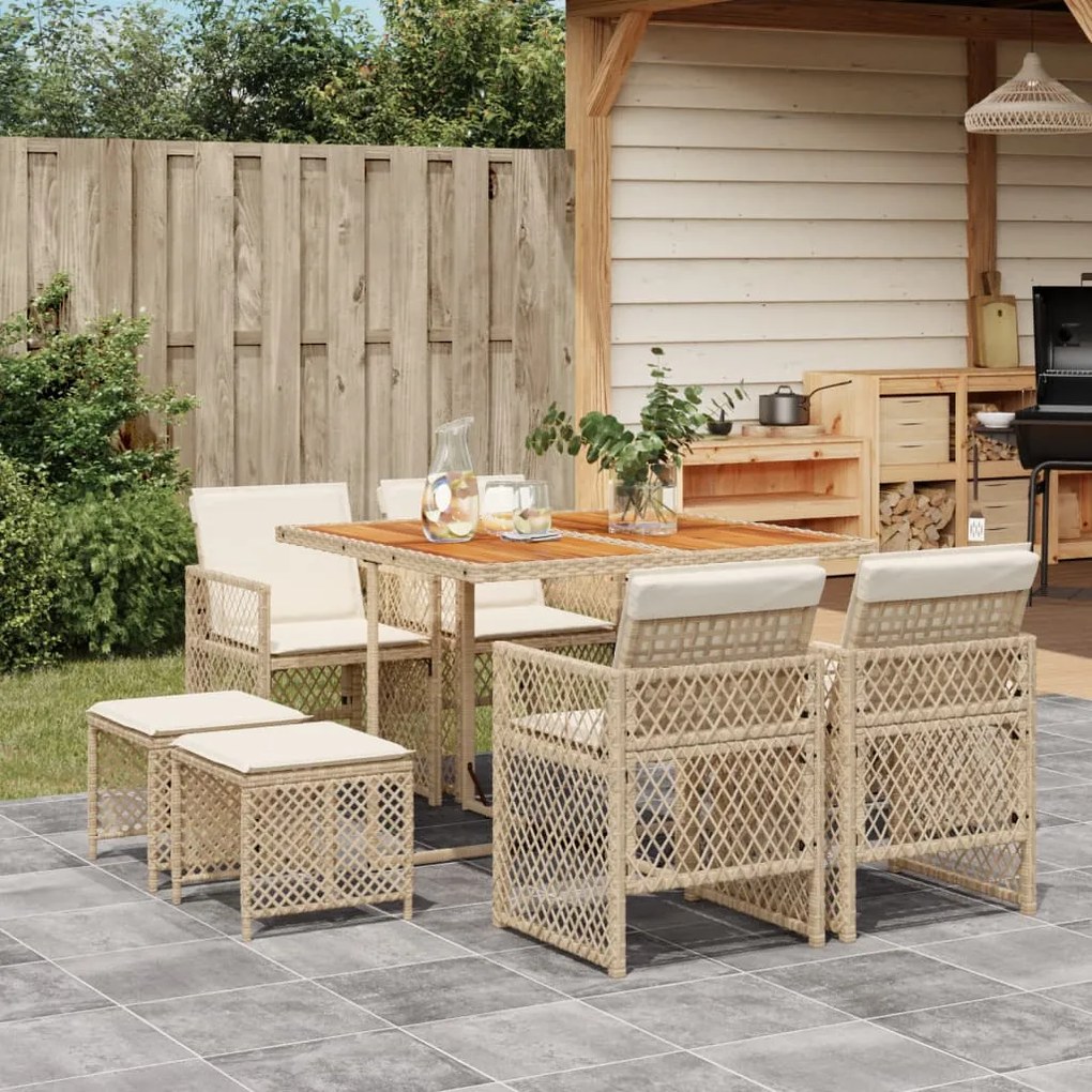 vidaXL 9 pcs conjunto de jantar p/ jardim com almofadões vime PE bege