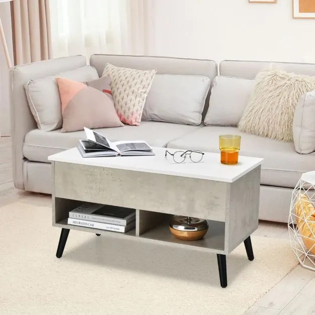 Mesa de centro com tampo elevável 80 x 40 x 46 cm, compartimento oculto e 2 prateleiras para sala de estar Cinzenta