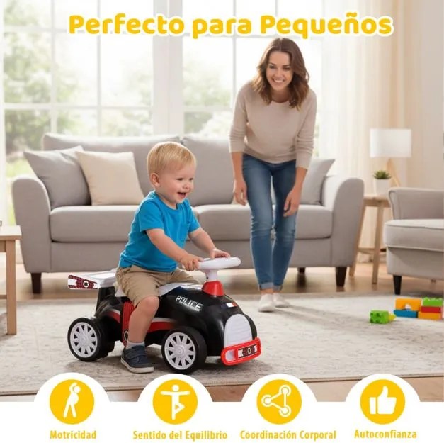 Andarilho infantil Policia com música, arrumação debaixo do assento e rodas universais para crianças dos 19 aos 36 meses Preto+Azul