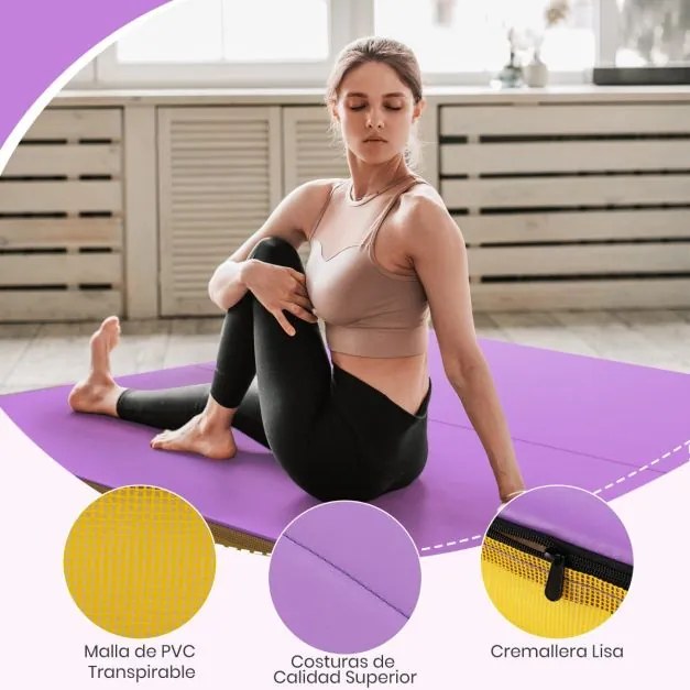 Colchão de ginástica dobrável 122 cm x 122 cm x 10 cm com capa de couro artificial e alças de transporte roxo