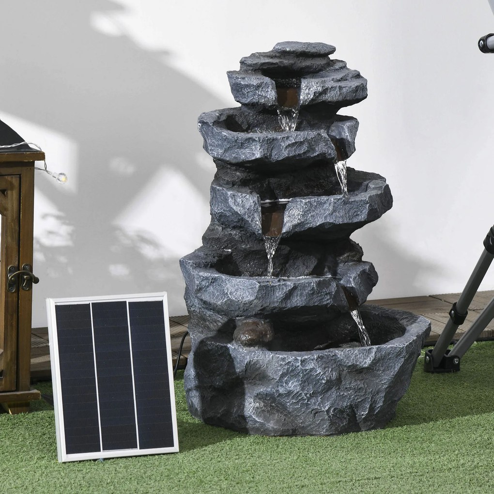 Fonte de jardim solar com cascata de 5 níveis em resina, com luzes LED e bomba, cinzenta