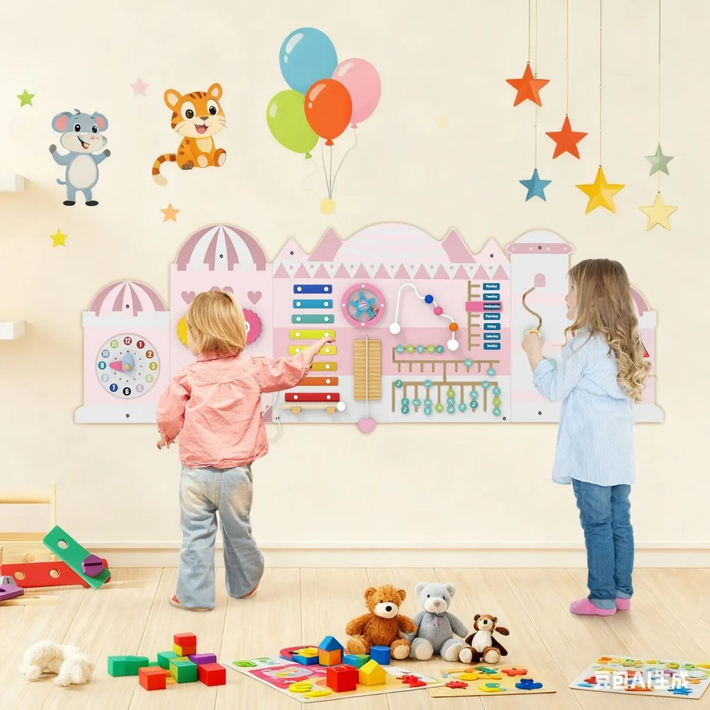 Painel de atividades para crianças Quadro sensorial Montessori de madeira 11 em 1 para a educação e o desenvolvimento precoce Rosa