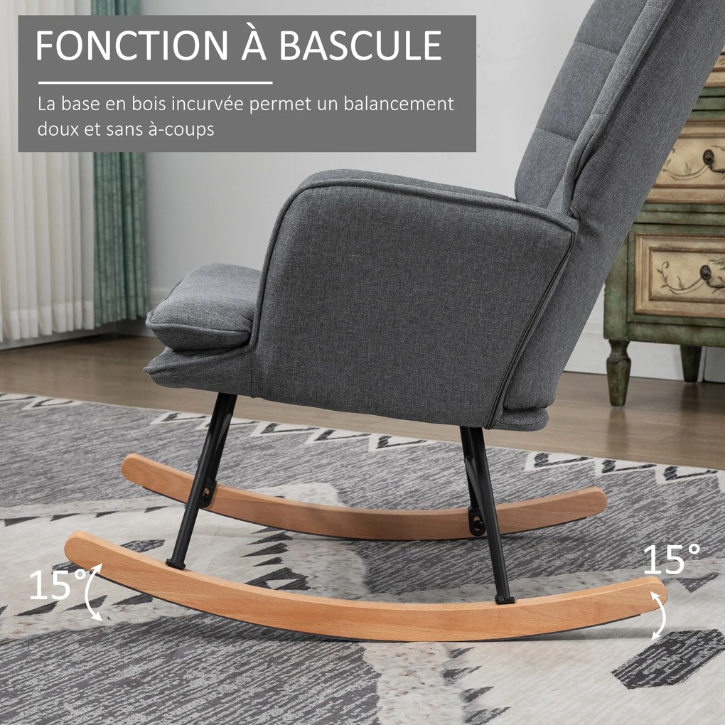 Cadeira de baloiço com apoio para os pés, rocking chair, assento largo, encosto alto, almofada incluída, 64 x 89 x 90 cm, cinzento