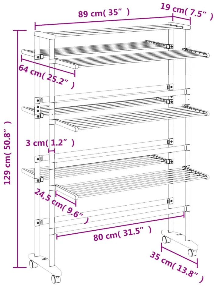 Estendal de roupa com rodas 89x64x129 cm alumínio