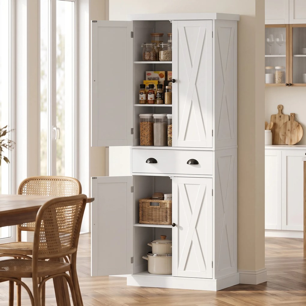 Armário Alto de Cozinha com 4 Portas, 62 x 38 x 173 cm, Prateleiras Ajustáveis, Branco