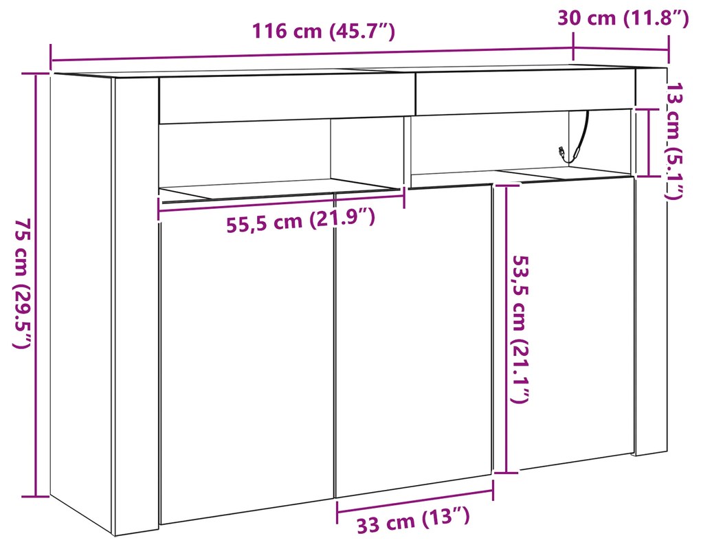Buffet Carvalho Defumado Madeira Engenhada 116 x 30 x 75 cm