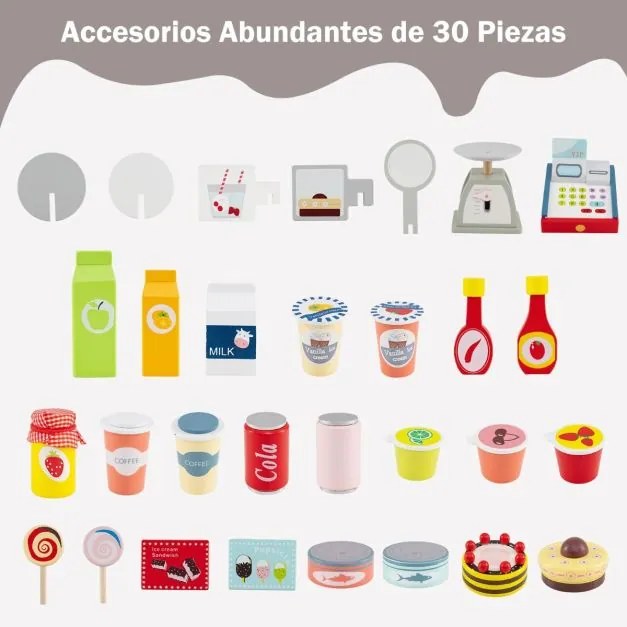Banca de comida e guloseimas para crianças 75 cm x 30 cm x 100 cm a partir dos 3 anos Carrinho com máquina POS Estante para bebida Cinza