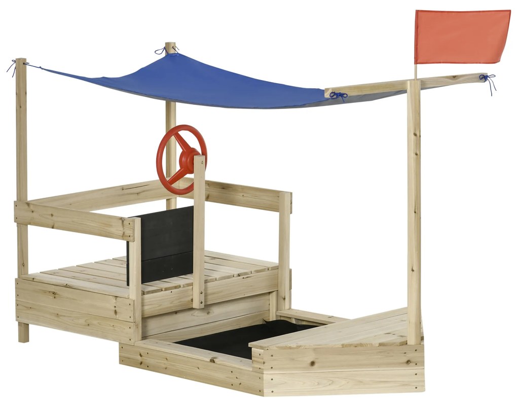 Caixa de Areia Infantil de Madeira Desenho de Barco a Vela Toldo Quadro Negro bandeira Vermelha e Volante Caixa de Areia de Jardim para Crianças acima