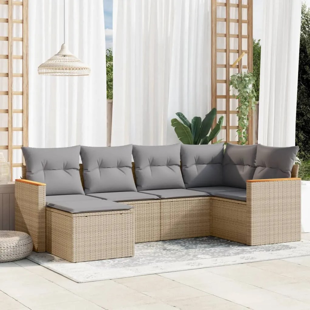 vidaXL 6 pcs conj. sofás jardim c/ almofadões vime PE bege misturado