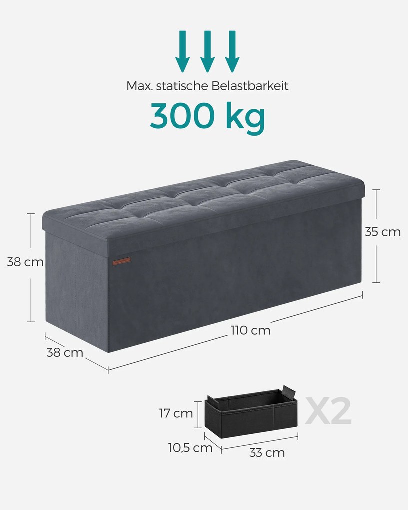 Banco entrada ou quarto arrumação de assento rebatível, carregável até 300 kg 38 x 110 x 38 cm Cinzento Escuro