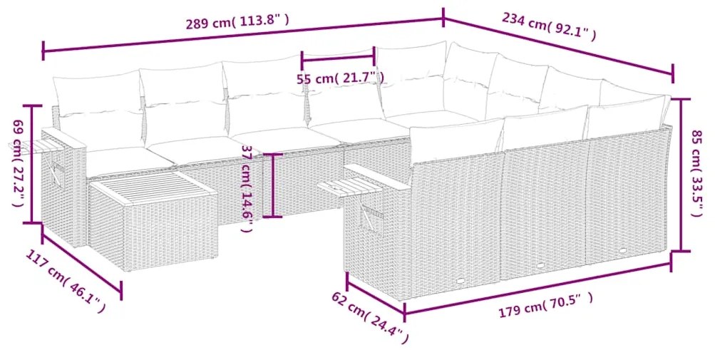 11 pcs conjunto sofás de jardim c/ almofadões vime PE cinzento
