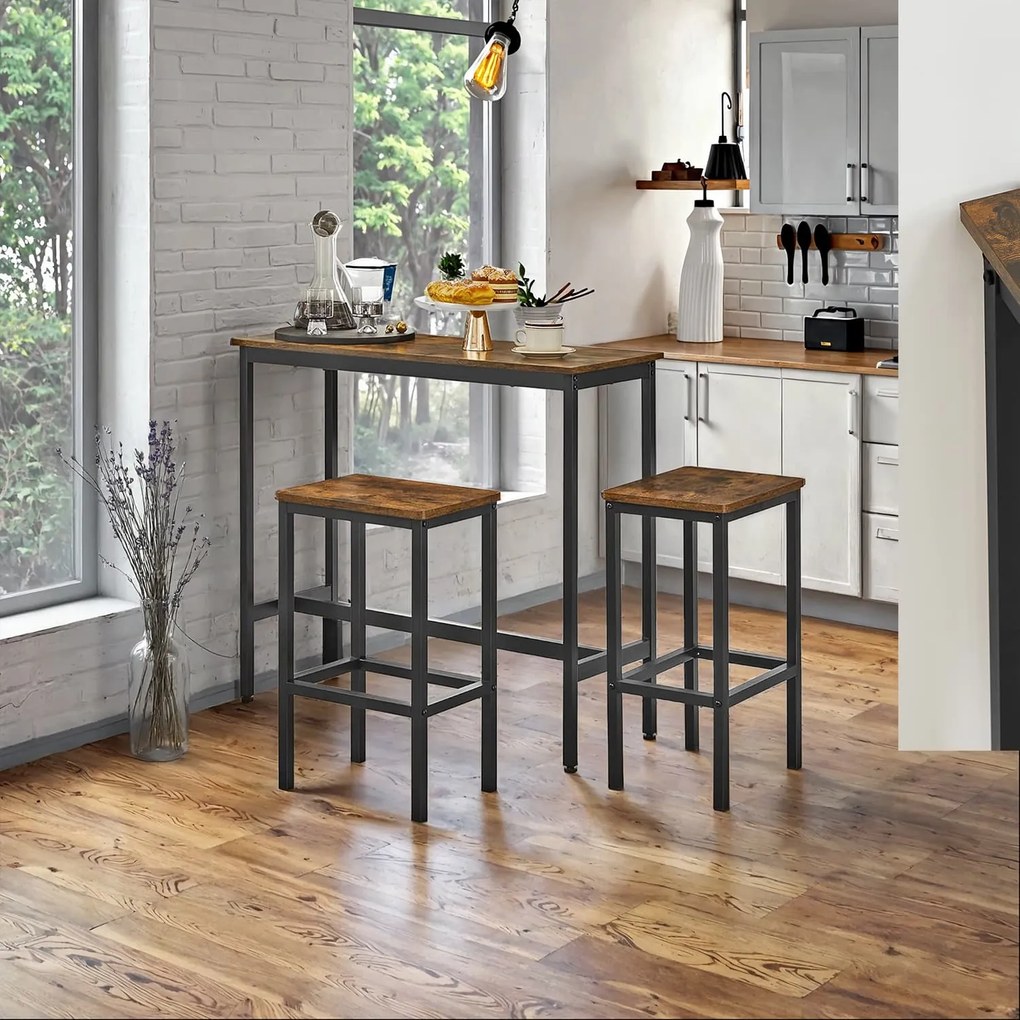 Conjunto mesa de bar com 2 bancos altos, mesa alta com conjunto de bancos castanho-preto