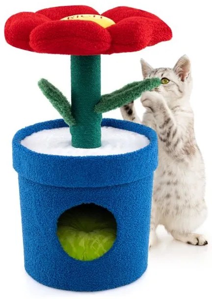 Arranhador Gatos 43 x 43 x 72,5 cm de 3 níveis com mirante superior e ama privado Poste para arranhar Centro de atividades para gatinhos Vermelho