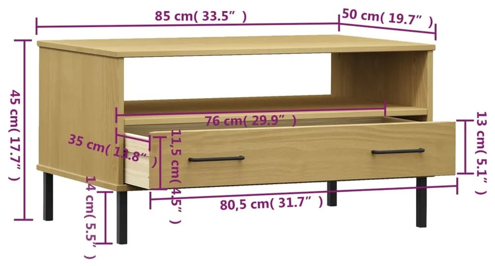 Mesa centro c/ pernas de metal 85x50x45cm OSLO madeira castanho