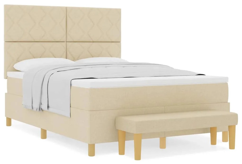 Cama Box Spring com Colchão &amp; Banco Creme 140x200 cm Tecido