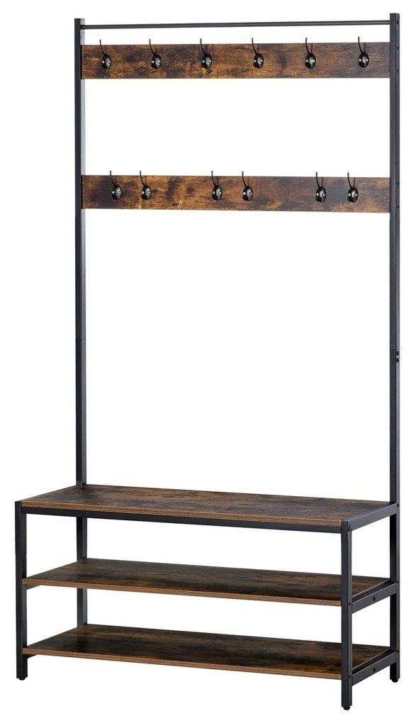 HOMCOM Cabide Sapateira Industrial 12 Ganchos Banco 3 Prateleiras 100x40x184 cm Castanho Rústico Preto