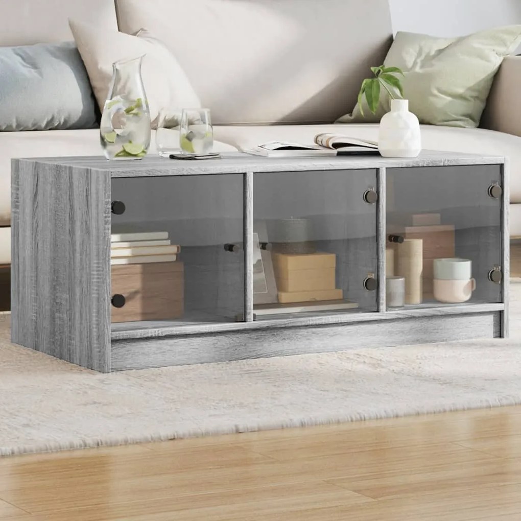 vidaXL Mesa de centro c/ portas de vidro 102x50x42 cm cinza sonoma