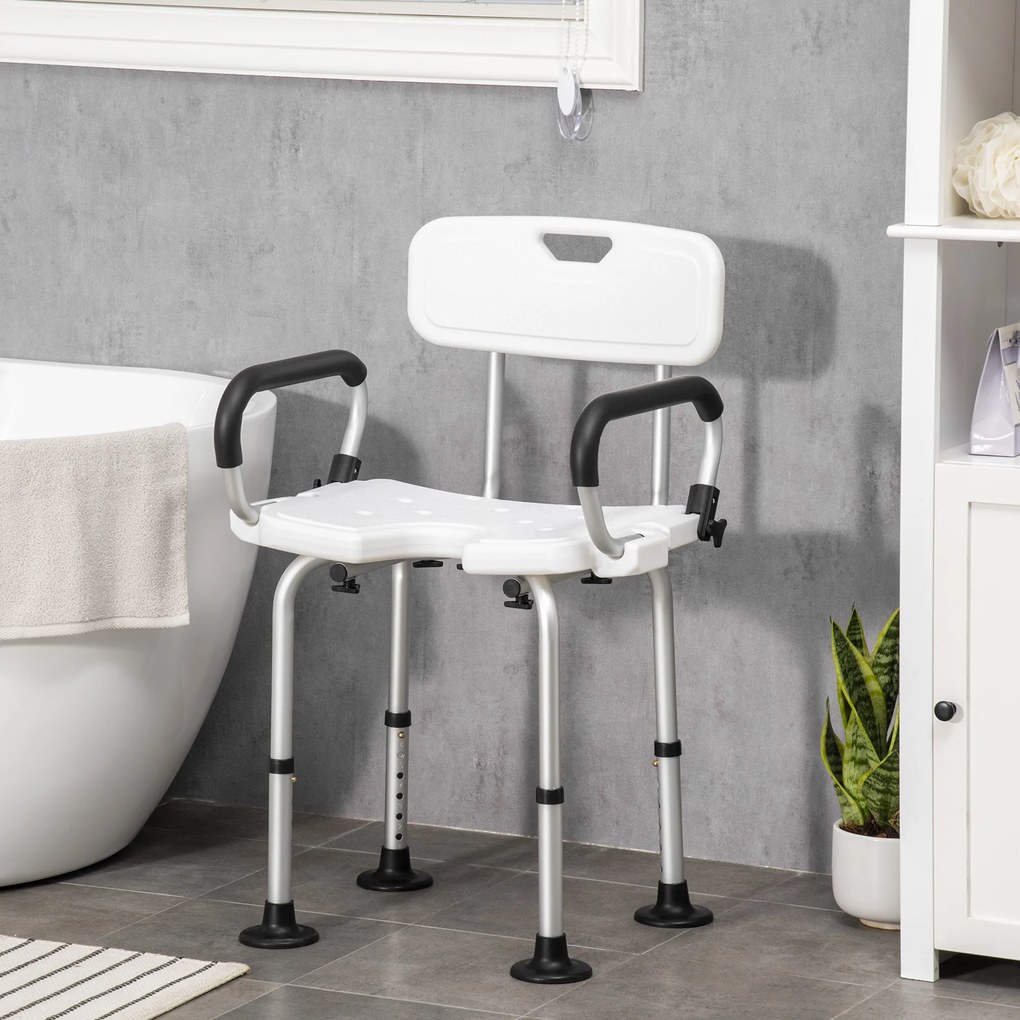 Cadeira para Duche Antiderrapante com Altura Ajustável de 6 Níveis e Apoio para os Braços Regulável 54x52x70-82cm Branco